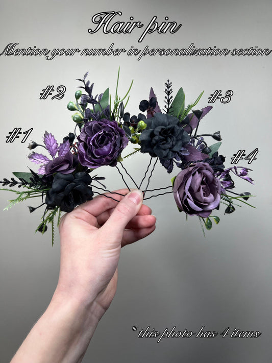 Black Purple Hair Pin Gothic Wedding Hair Accessories Plum Black Dark Green Forest Bridesmaids Hairpiece Dakr Purple Artificial Flowers