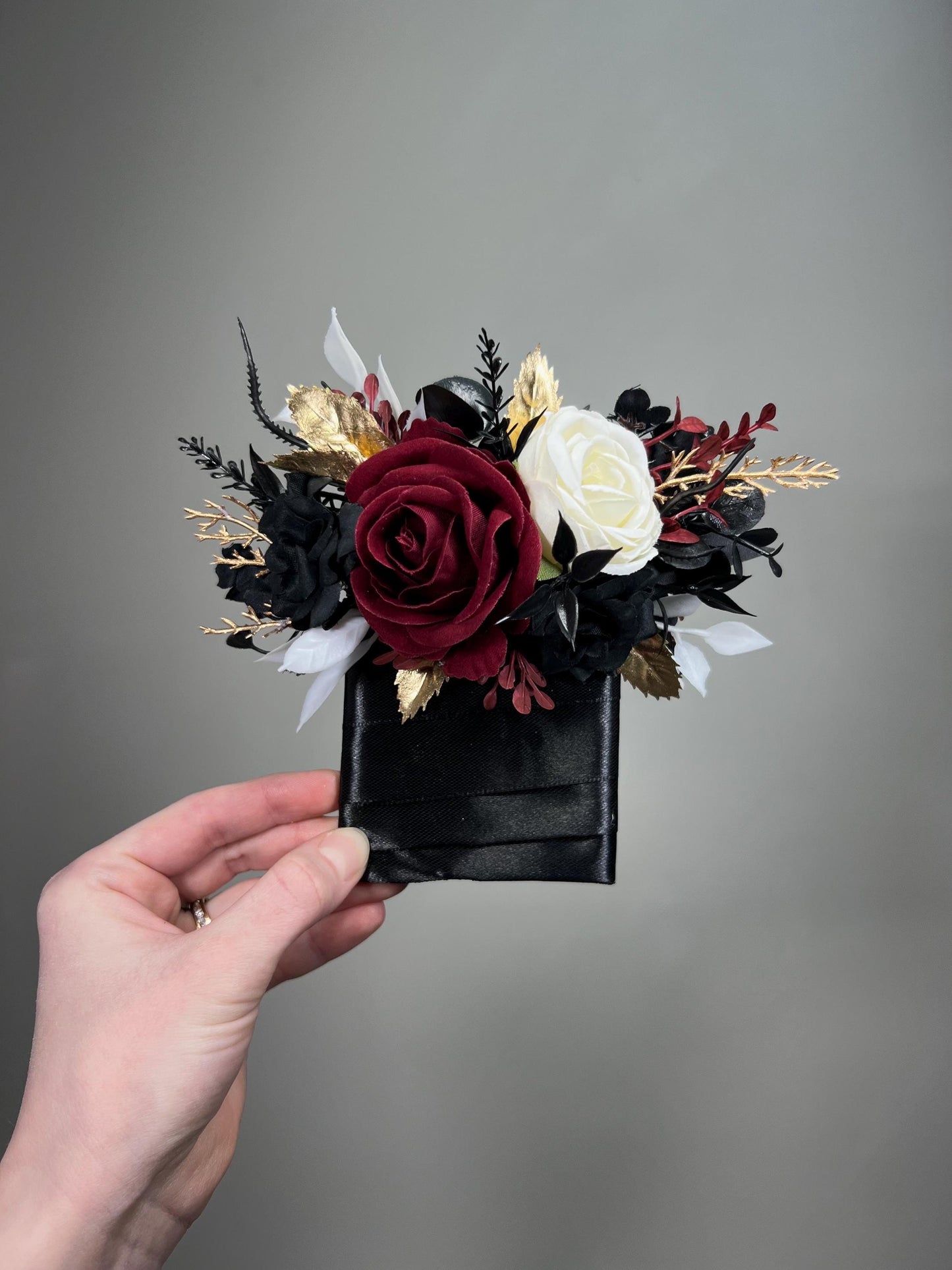Black Burgundy Bouquet, Wedding Bridal Gothic Black White Gold Burgundy Bouquet