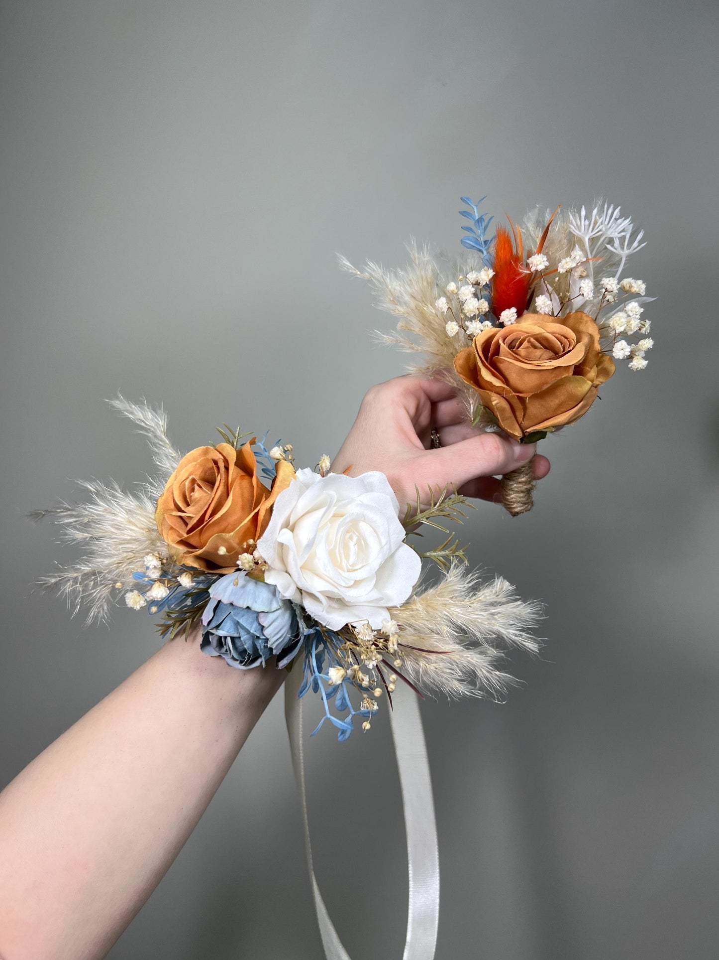 Burnt Orange Dusty Blue Corsage, Wedding Boho Bridesmaids Wrist Corsage Terracotta White Blue