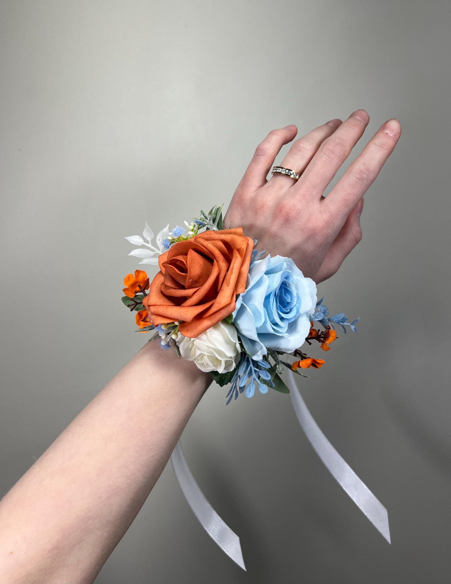 Burnt Orange Light Blue Corsage, Wedding Bridesmaids Terracotta White Sky Blue Wrist Corsage
