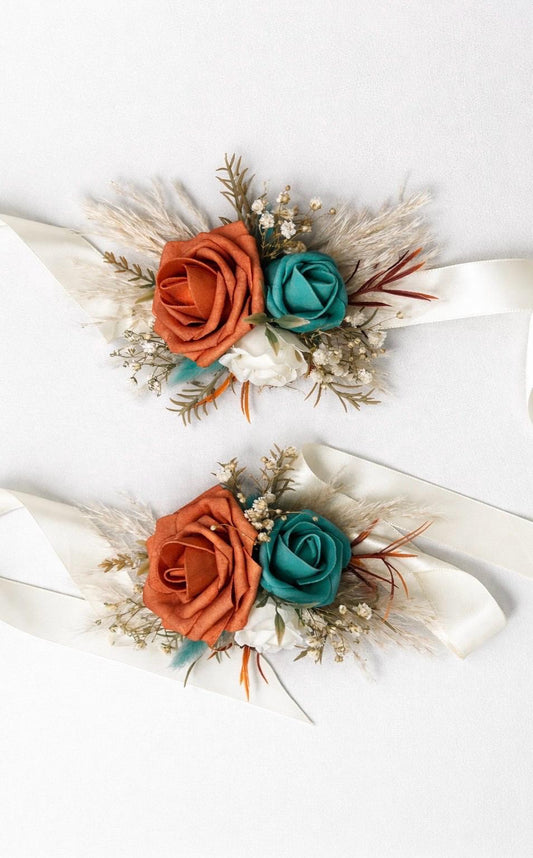 Orange Teal Wrist Corsage, Wedding Terracotta Turquoise Boho Bridesmaids Corsage, Teal Aqua Blue Burnt Orange Reddit