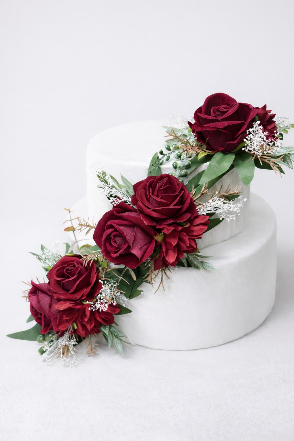 Burgundy Cake Flowers, Wedding Dark Red Roses Cake Topper, Cake Floral Decor Artificial Flowers