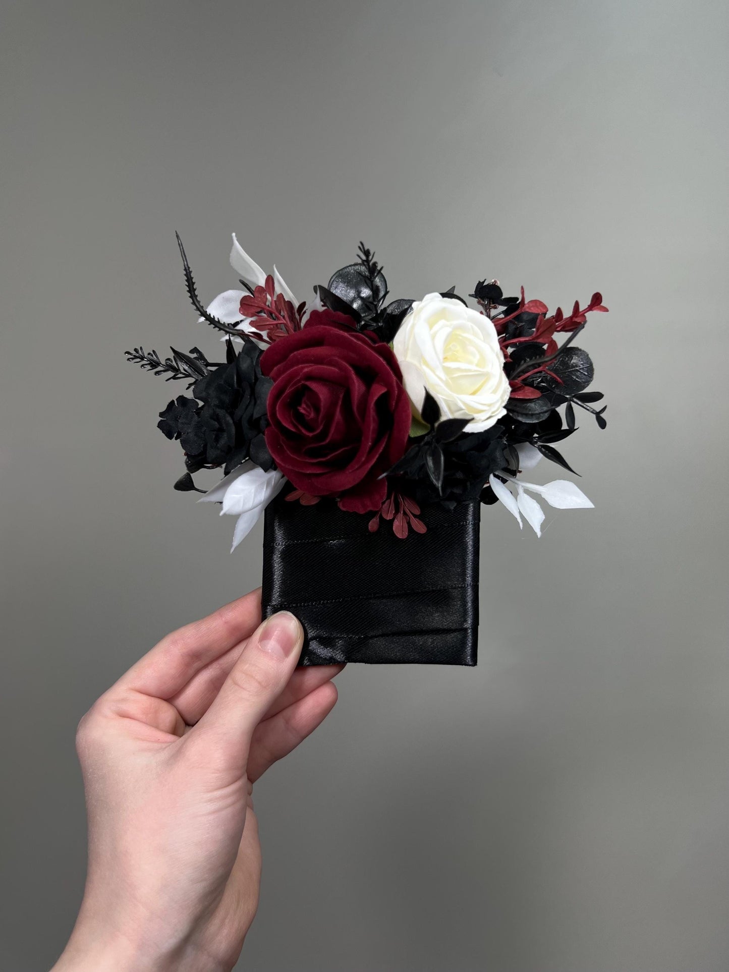 Black Burgundy Pocket Boutonniere, Wedding Gothic White Black Groom Groomsmen Square Boutonniere