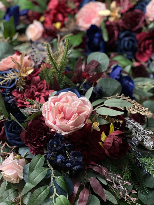 Burgundy Navy Blue Blush Arch Arrangements, Wedding Rustic Blue Dark Red Arbor Arrangement Ties Reddit