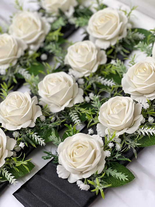White Pocket Boutonnière, Wedding Groom Single Rose Square Boutonnière, Groomsmen Ivory Rose Eucalyptus Greenery