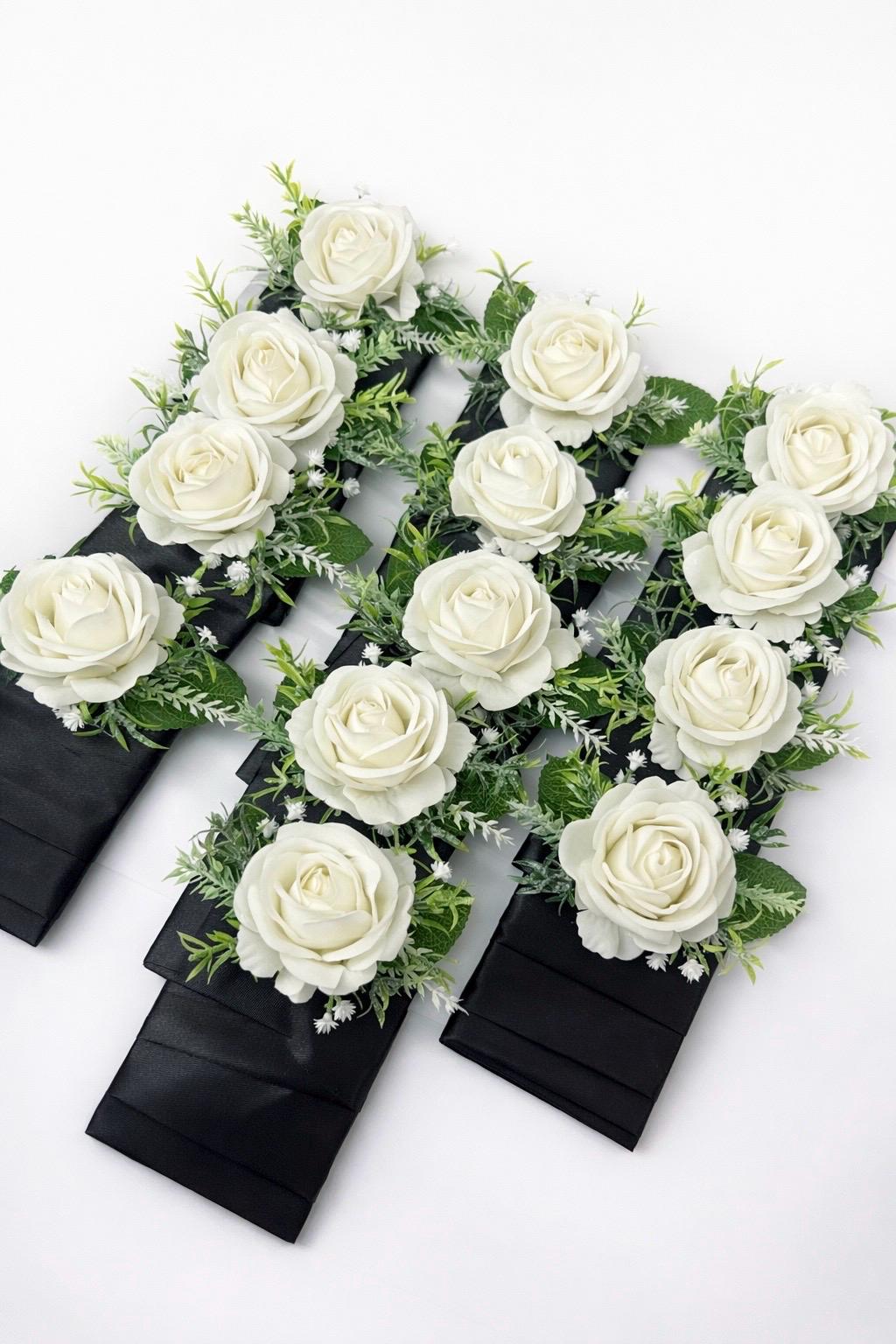 White Pocket Boutonnière, Wedding Groom Single Rose Square Boutonnière, Groomsmen Ivory Rose Eucalyptus Greenery