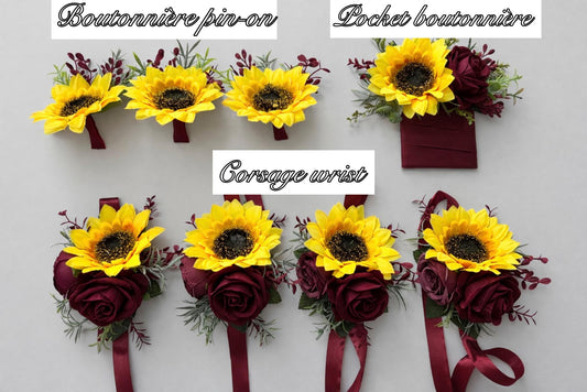 Sunflower Boutonniere Burgundy Wedding Sunflowers Boutonnière Groom Maroon Sunflower Groomamen Boutonniere Prom Yellow Sunflower Artificial