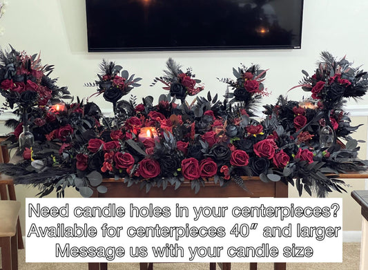 Wedding Sweetheart Table Runner Black Centerpiece Burgundy Candle Fireplace Mantle Ostrich Feathers Gothic Halloween Arch Arrangement Arbor
