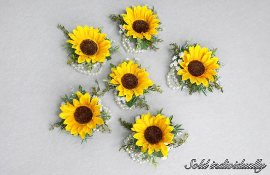Sunflower Corsage, Wedding Yellow Sunflower Wrist Corsage, Bridesmaids Wristlet Elastic Pearl Band Sunflower