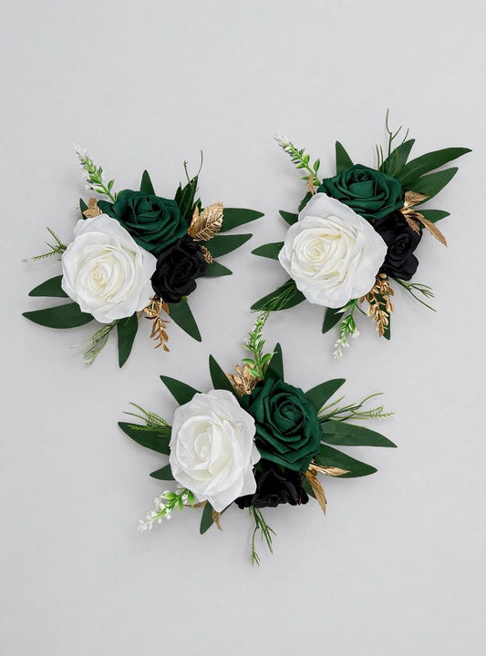 Emerald Green White Cake Flowers, Wedding Black Dark Green Cake Décor, Gold Hunter Green Cake Topper Artificial Flowers