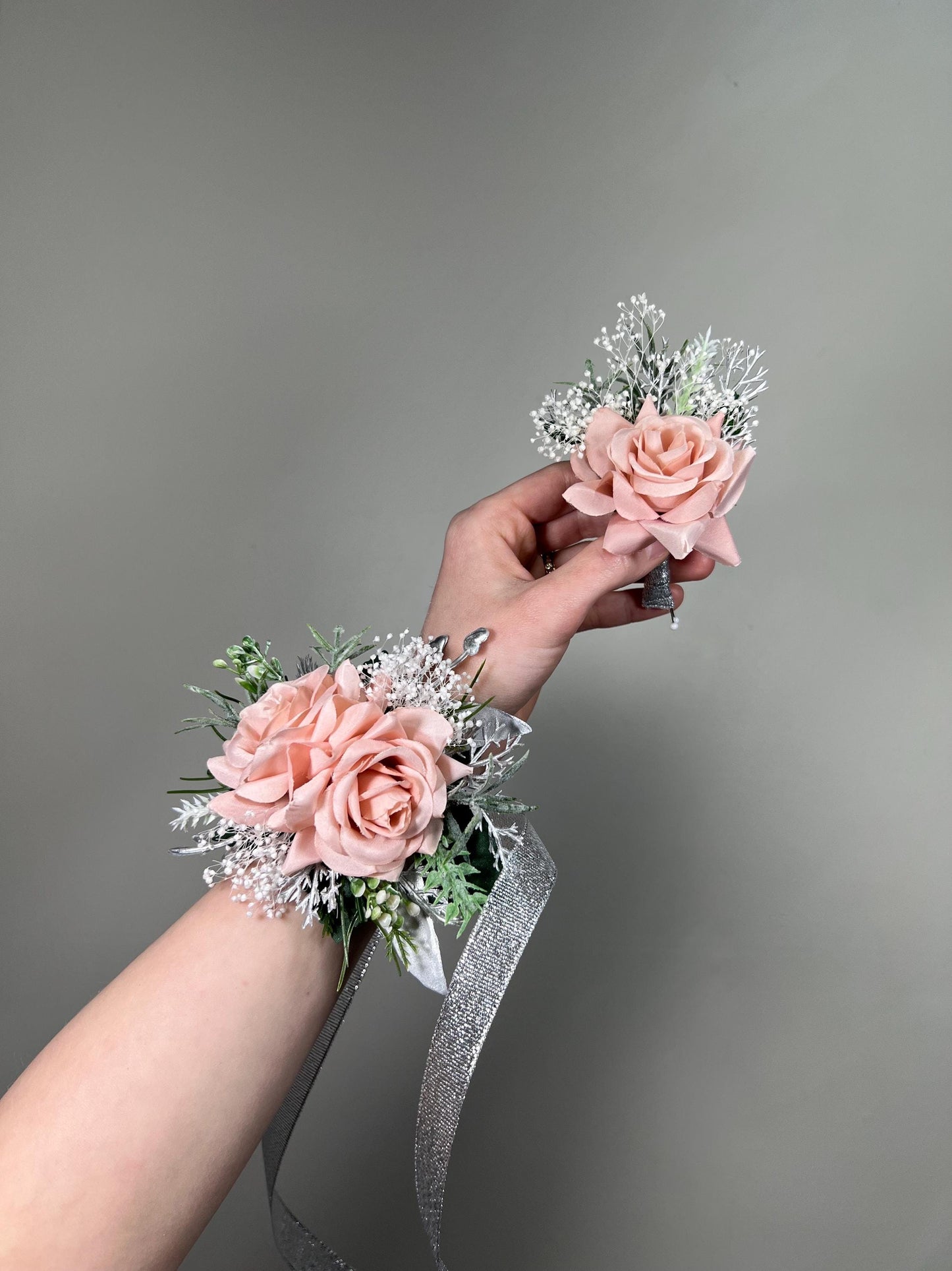 Blush Pink Corsage, Wedding Light Pink Silver Wrist Corsage, Bridesmaids Soft Pink Baby Breath Wristlet Artificial Flower