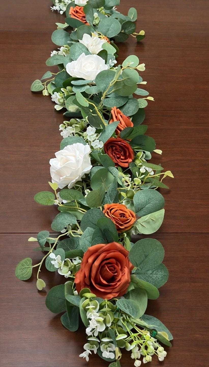 Terracotta White Garland, Wedding Burnt Orange Table Runner, Ivory Rust Table Decor, Centerpiece Garland Sage Green Eucalyptus Reddit
