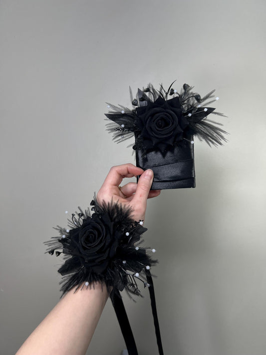 Black Wedding Corsage, Black Feathers Gothic Wrist Corsage, Bridesmaids Floral Wristlet Ostrich Feathers, Prom Corsage