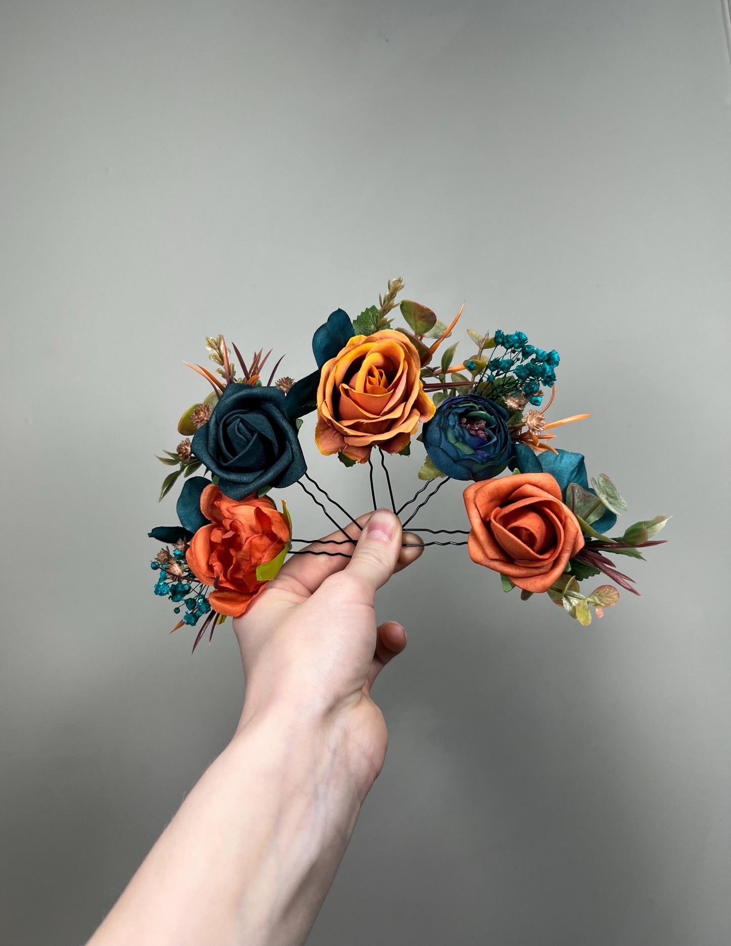 Burnt Orange Teal Hair Pin, Rustic Wedding Hair Accessories, Bridal Floral Dark Teal Terracotta Hair Pins, Bridesmaid Hairpiece Teal Blue