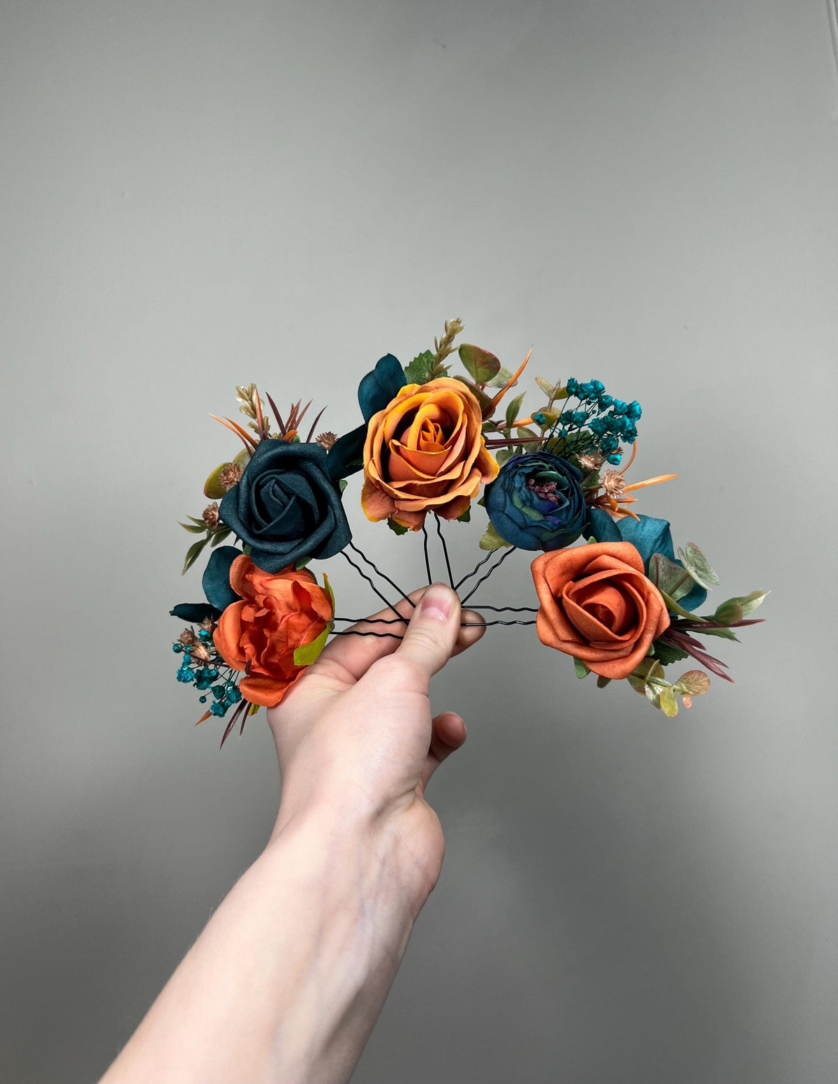Burnt Orange Teal Hair Pin, Rustic Wedding Hair Accessories, Bridal Floral Dark Teal Terracotta Hair Pins, Bridesmaid Hairpiece Teal Blue