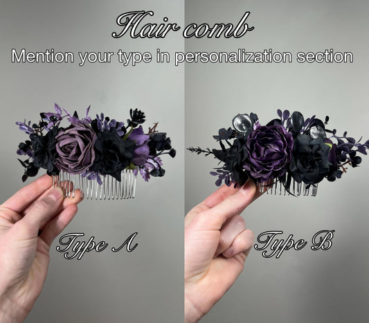 Black Hair Comb Wedding Plum Flower Girl Headpiece Gothic Floral Dark Purple Black Hair Accessories Black Plum Hair Comb Artificial Flowers