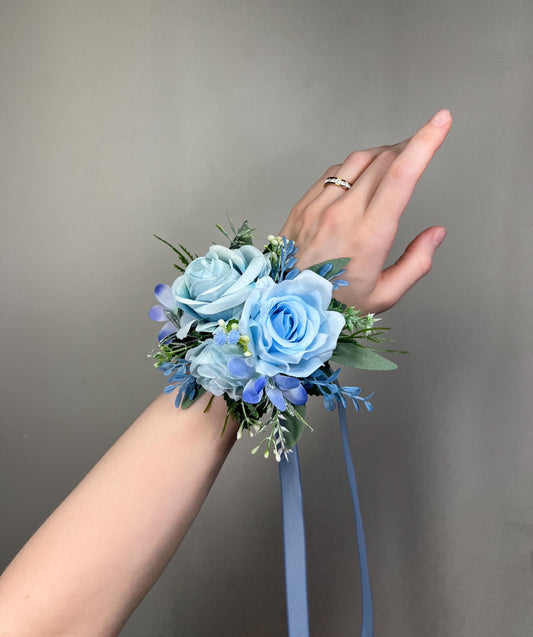 Light Blue Corsage, Wedding Blue Rose Wrist Corsage, Rustic Dusty Blue Bridesmaids Corsage