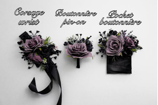 Black Purple Corsage Wedding Gothic Wrist Corsage Bridesmaids Black Plum Corsage Mom Plum Black Dark Purple Corsage Prom Artificial Flower