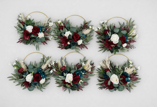 Burgundy Teal Floral Hoop, Wedding Bridesmaids White Dark Teal Blue, Alternative Bouquet, Floral Ring Bouquet