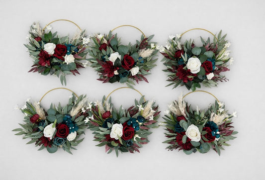 Burgundy Teal Floral Hoop, Wedding Bridesmaids White Dark Teal Blue, Alternative Bouquet, Floral Ring Bouquet Reddit