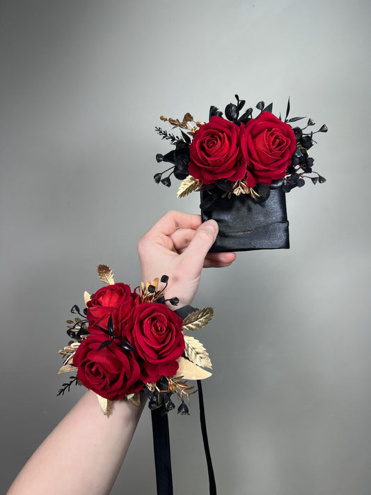 Red Gold Corsage, Wedding Bridesmaids Gothic Wrist Corsage, Dark Red Rose Black Wristlet Flower Artificial
