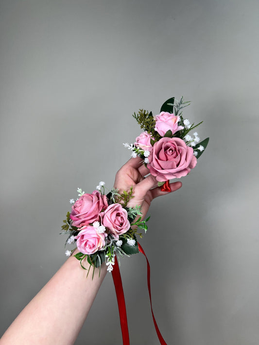 Dusty Rose Corsage, Wedding Bridesmaids Blush Pink Wrist Corsage, Light Pink Wristlet Artificial Flower
