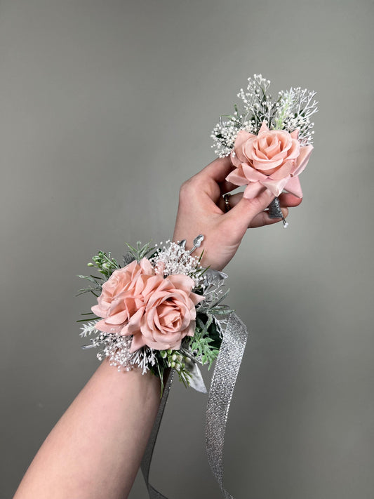 Blush Pink Corsage, Wedding Light Pink Silver Wrist Corsage, Bridesmaids Soft Pink Baby Breath Wristlet Artificial Flower