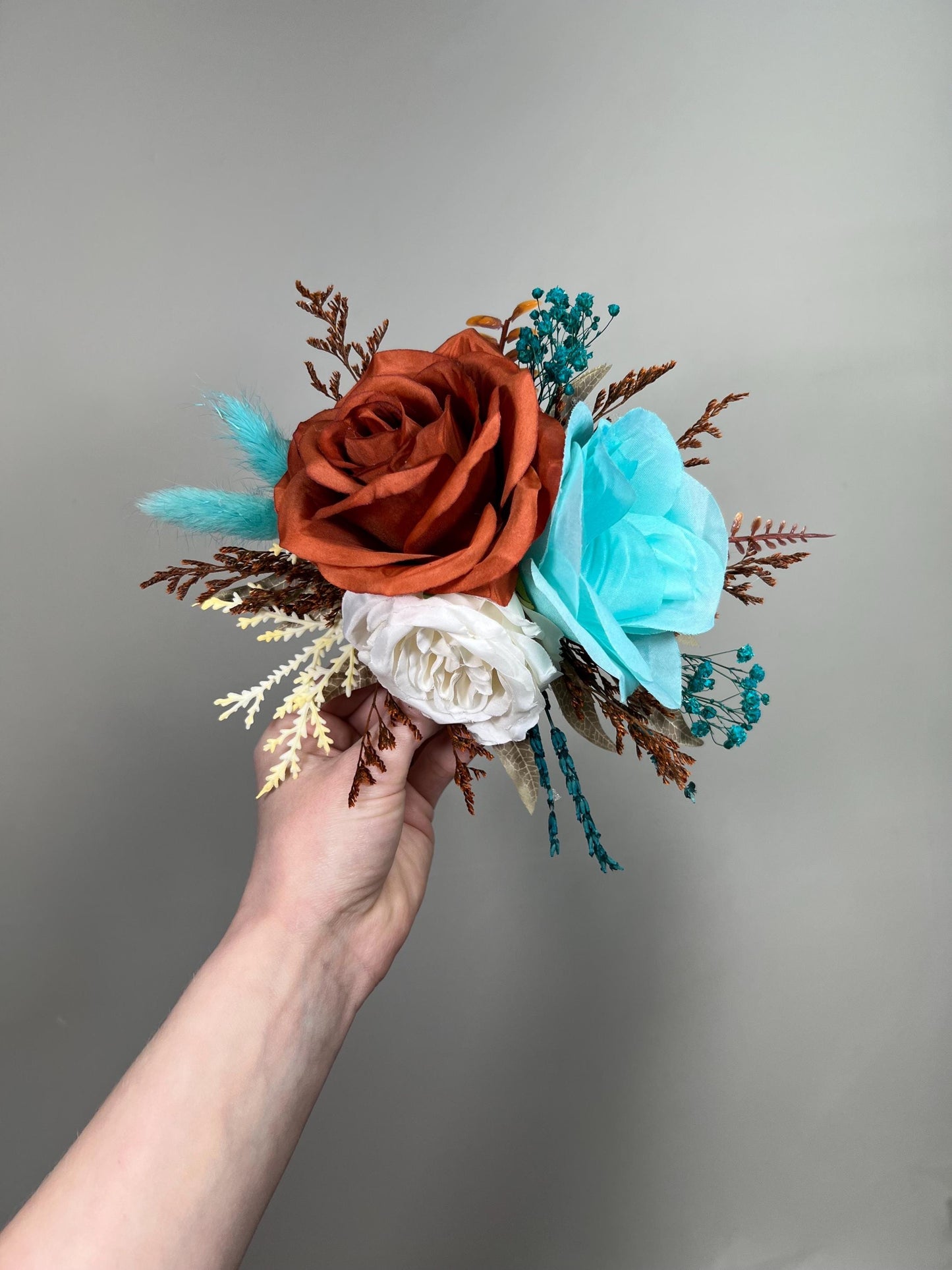 Burnt Orange Turquoise Cake Flowers, Rust Teal Blue Wedding Cake Decor, Boho Cake Topper Flowers, Fall Wedding Cake Floral Arrangement