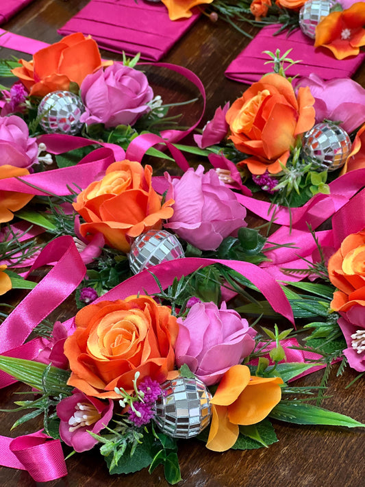 Hot Pink Orange Wrist Corsage with Disco Ball, Disco Wedding Corsage, Retro Bridesmaid Corsage, Prom Corsage, Colorful Party Wristlet Reddit