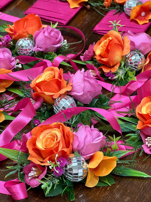 Hot Pink Orange Wrist Corsage with Disco Ball, Disco Wedding Corsage, Retro Bridesmaid Corsage, Prom Corsage, Colorful Party Wristlet