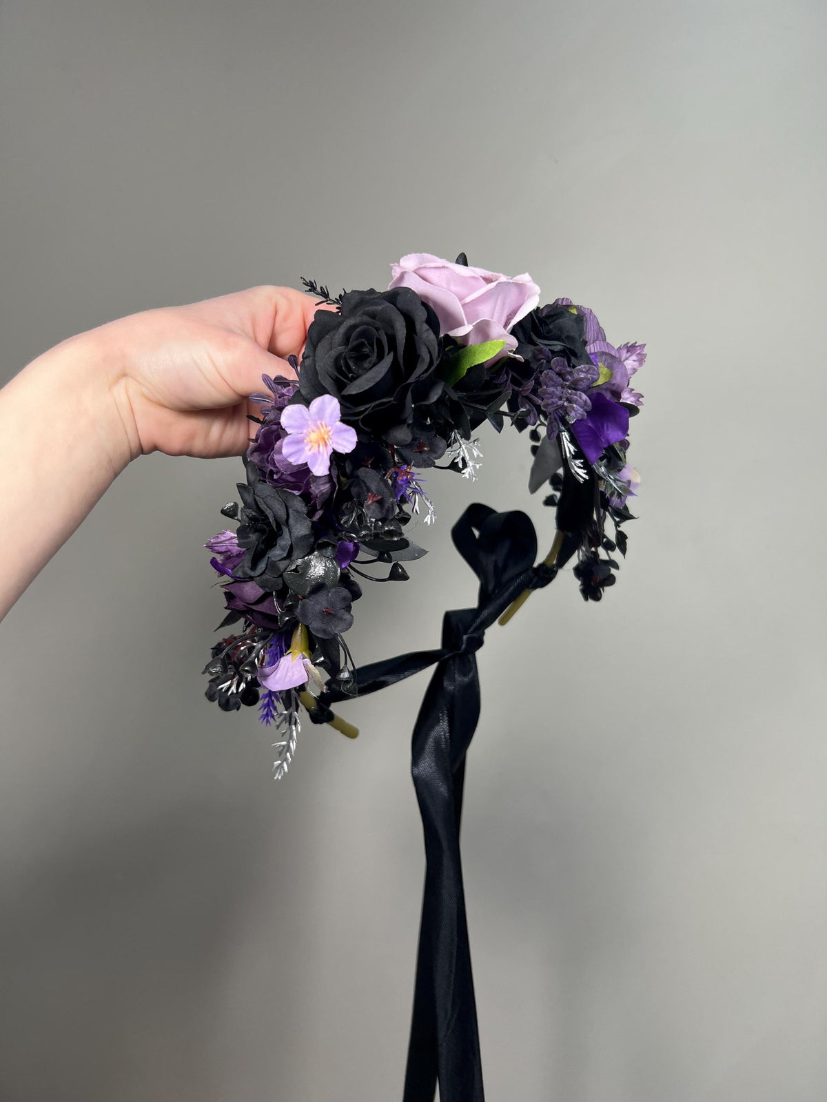 Black Purple Flower Crown, Gothic Wedding Headpiece, Dark Floral Halo, Lavender Lilac Hair Crown, Halloween Flower Crown Black Reddit