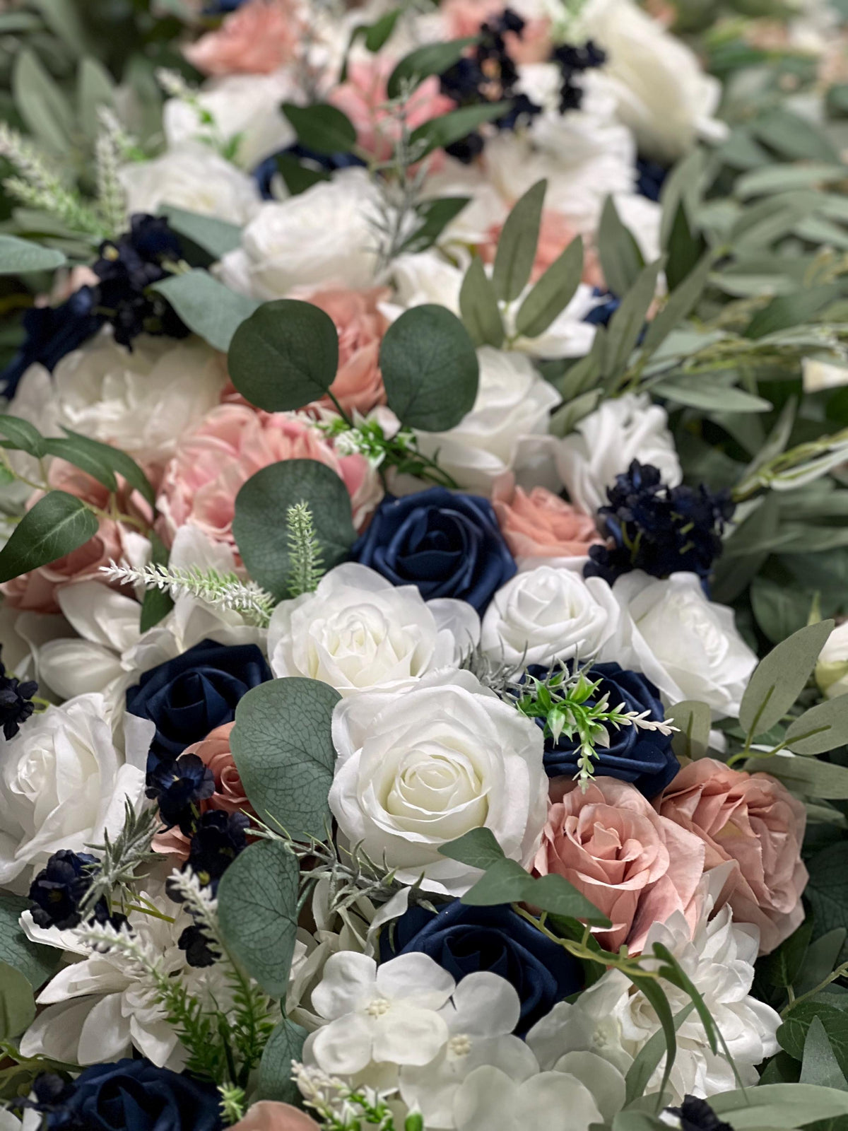 Navy Blue Dusty Rose Arch Arrangements, Wedding White Dark Blue Blush Pink Arbor Arrangement, Eucalyptus Floral Swag, Ceremony Backdrop