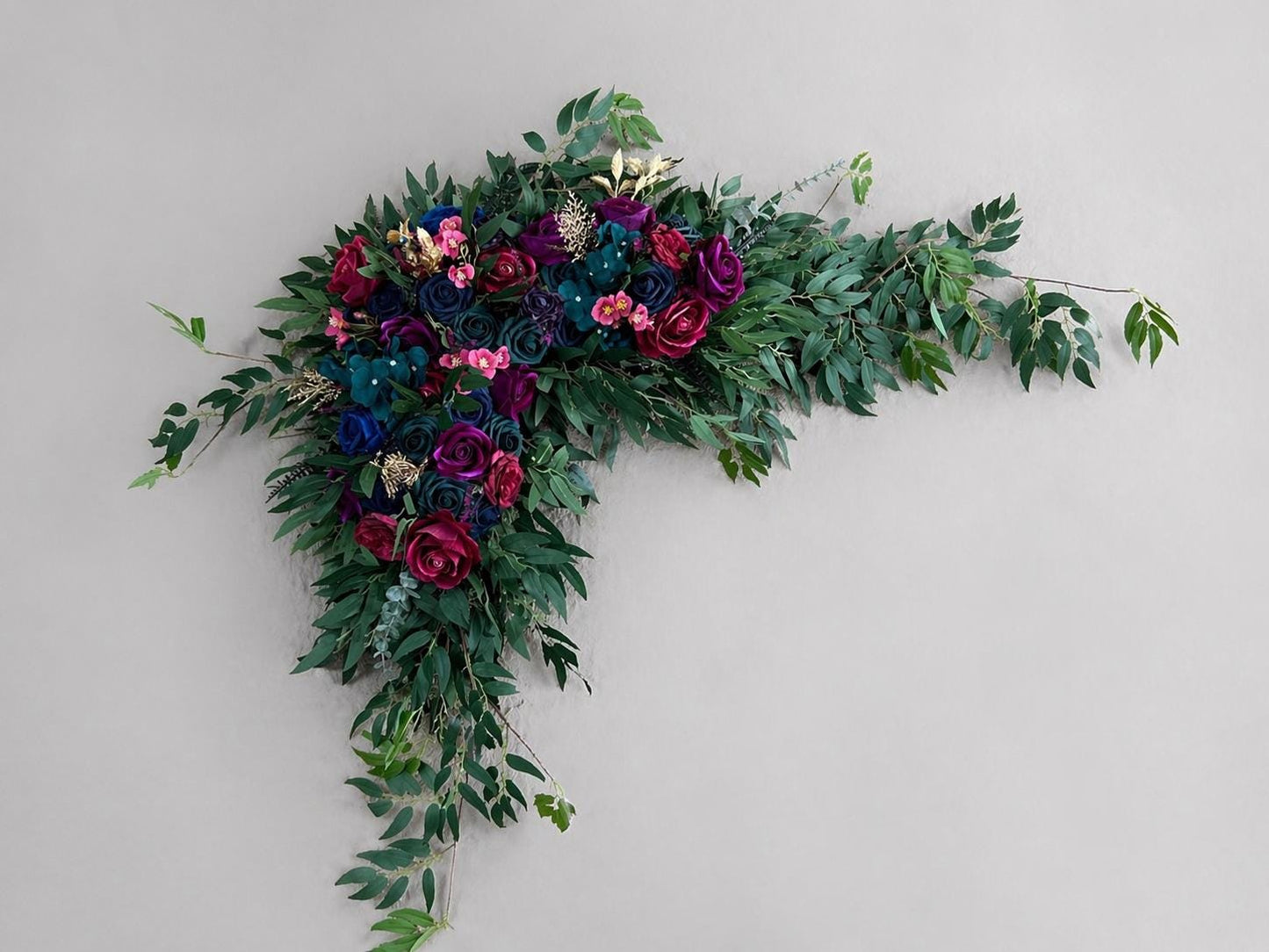 Jewel Tone Wedding Arch Flowers Arrangement, Purple Magenta Navy Blue Dark Teal Floral Swag for Ceremony Arbor Corner, Backdrop, Table Decor