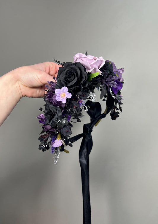 Black Purple Flower Crown, Gothic Wedding Headpiece, Dark Floral Halo, Lavender Lilac Hair Crown, Halloween Flower Crown Black Reddit