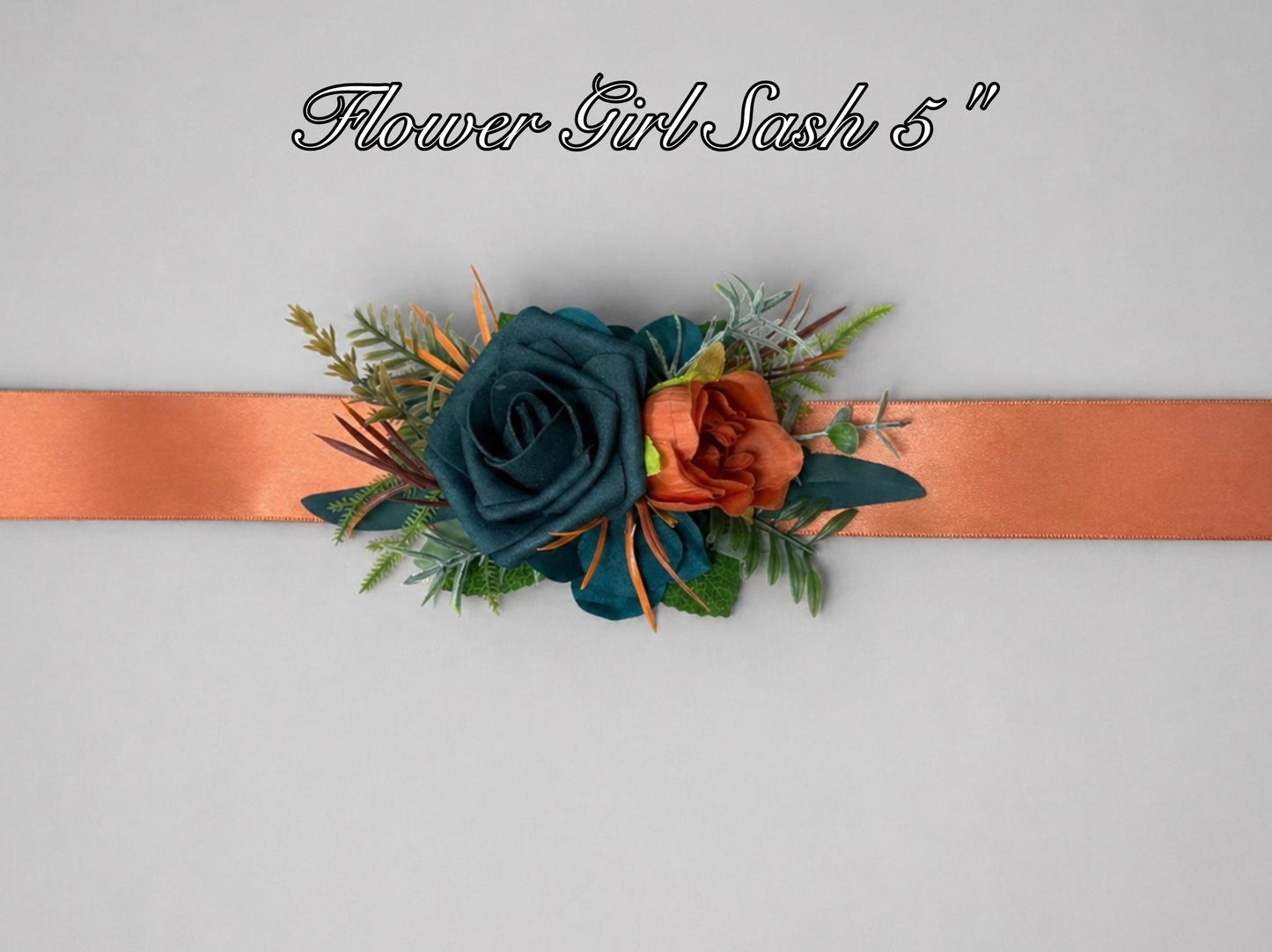 Flower Belt Orange Teal, Flower Girl Sash Terracotta Teal Blue, Wedding Rustic Burnt Orange Artificial Flower, Bridesmaids Sash Bridal Dress