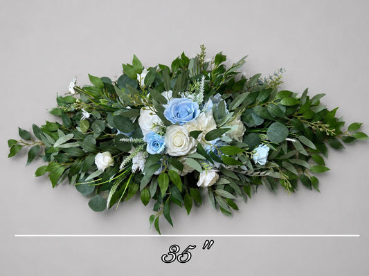 White Blue Arch Arrangement, Wedding Rustic Baby Blue Light Arbor Arrangements, Ivory Sage Green Eucalyptus Backdrop Decor Flowers Reddit