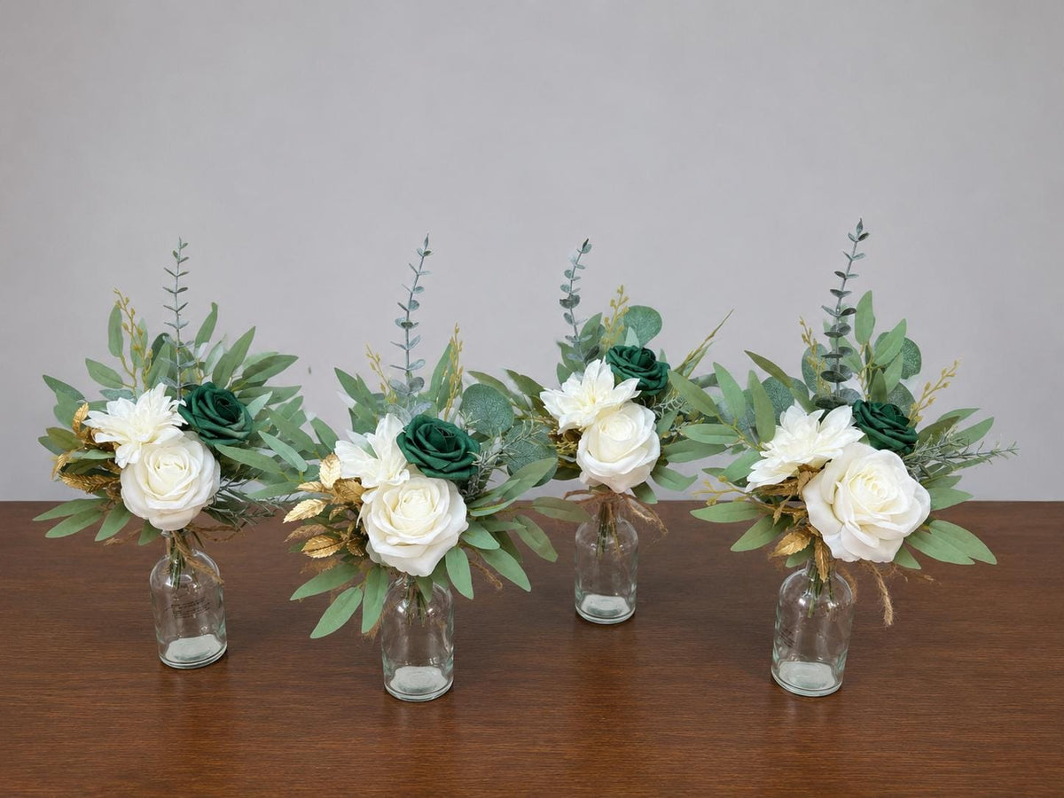 White Emerald Green Centerpiece, Wedding Mini Bouquets for Bud Vase, Forest Green Hunter Ivory Gold Table Decor, Small Rustic Centerpiece