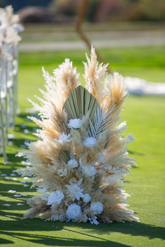 Set of 2 Wedding Aisle Marker Flower Floor Arrangement Barrel Décor Boho White Ivory Pampas Grass Palm Leaves Reddit