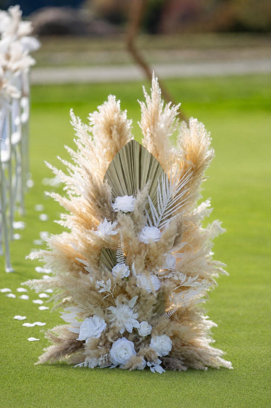 Set of 2 Wedding Aisle Marker Flower Floor Arrangement Whiskey Barrel Décor White Boho Ground Pampas Grass Dried Palm Leaves Natural Reddit