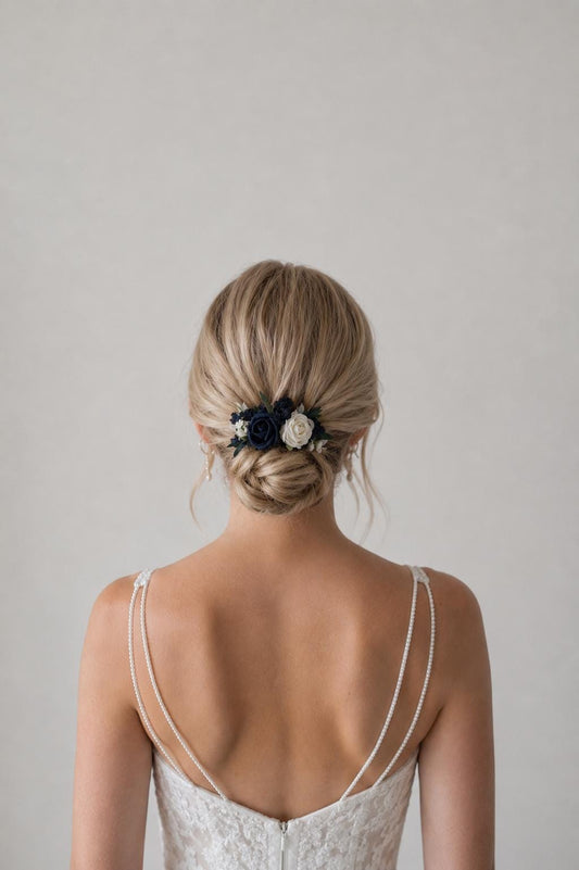 Dark Blue White Hair Comb, Wedding Navy Blue Hair Piece Bridal, Blue Rose Hair Accessories, Bridesmaids Decorative Comb Artificial Flower