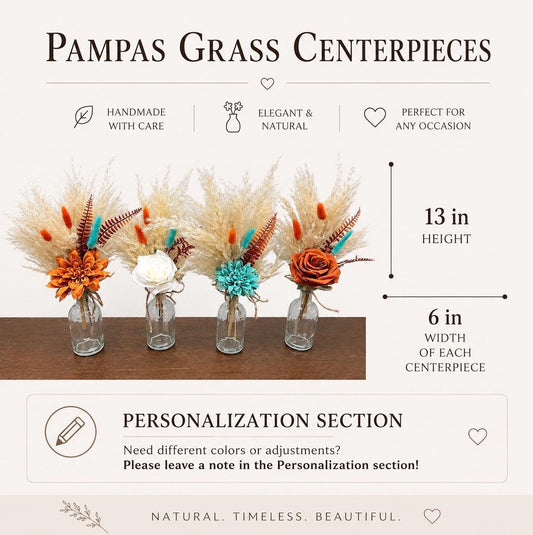 Turquoise Orange Boho Centerpiece, Wedding 1 Flower Burnt Orange Table Decor, Teal Blue Terracotta Pampas Grass Table Centerpiece