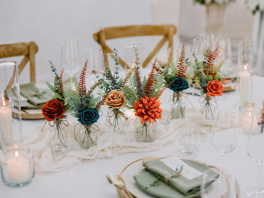 Terracotta Teal Centerpiece, Wedding 1 Flower Dark Teal Blue Burnt Orange Flower for Bud Vase, Small Table Centerpiece Terracotta