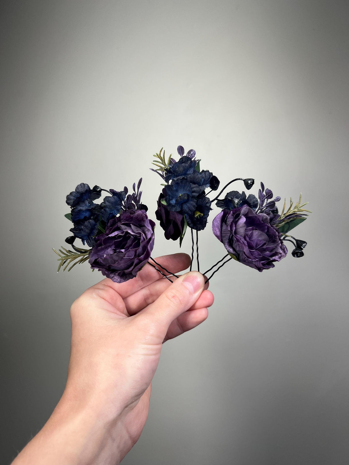 Purple Hair Pin, Rustic Wedding Hair Accessories, Bridal Floral Navy Blue Dark Plum Hair Pins, Bridesmaid Hairpiece Artificial Flowers