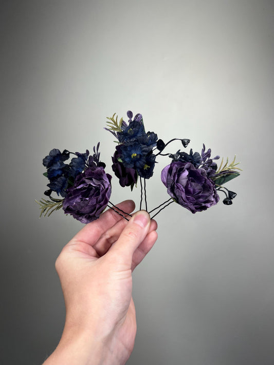 Purple Hair Pin, Rustic Wedding Hair Accessories, Bridal Floral Navy Blue Dark Plum Hair Pins, Bridesmaid Hairpiece Artificial Flowers
