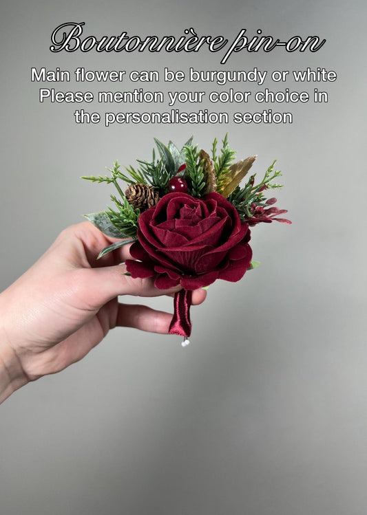 Burgundy White Winter Bouquet Bridal Christmas Bridesmaid Wedding Bouquet Pine Cones Gold Dark Red Flowers Artificial Reddit