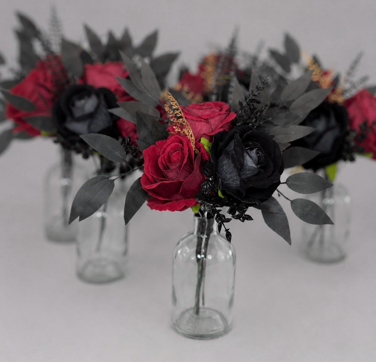 Black Burgundy Centerpiece Wedding Gothic Small Petite Table Flower Decor Black Dark Red Gold Halloween Centerpiece 3 Flowers Artificial