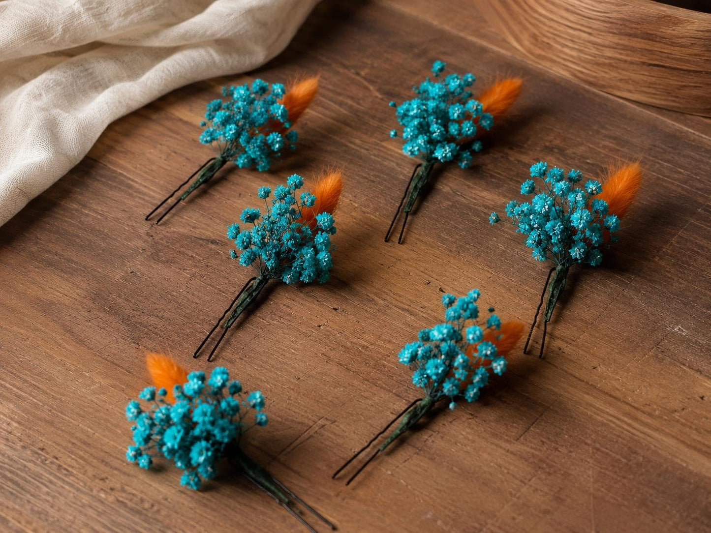 Baby's Breath Hair Pins, Burnt Orange Teal Blue Gypsophila Hair Pins, Terracotta Bridal Hair Piece, Turquoise Fall Wedding Hair Accessories