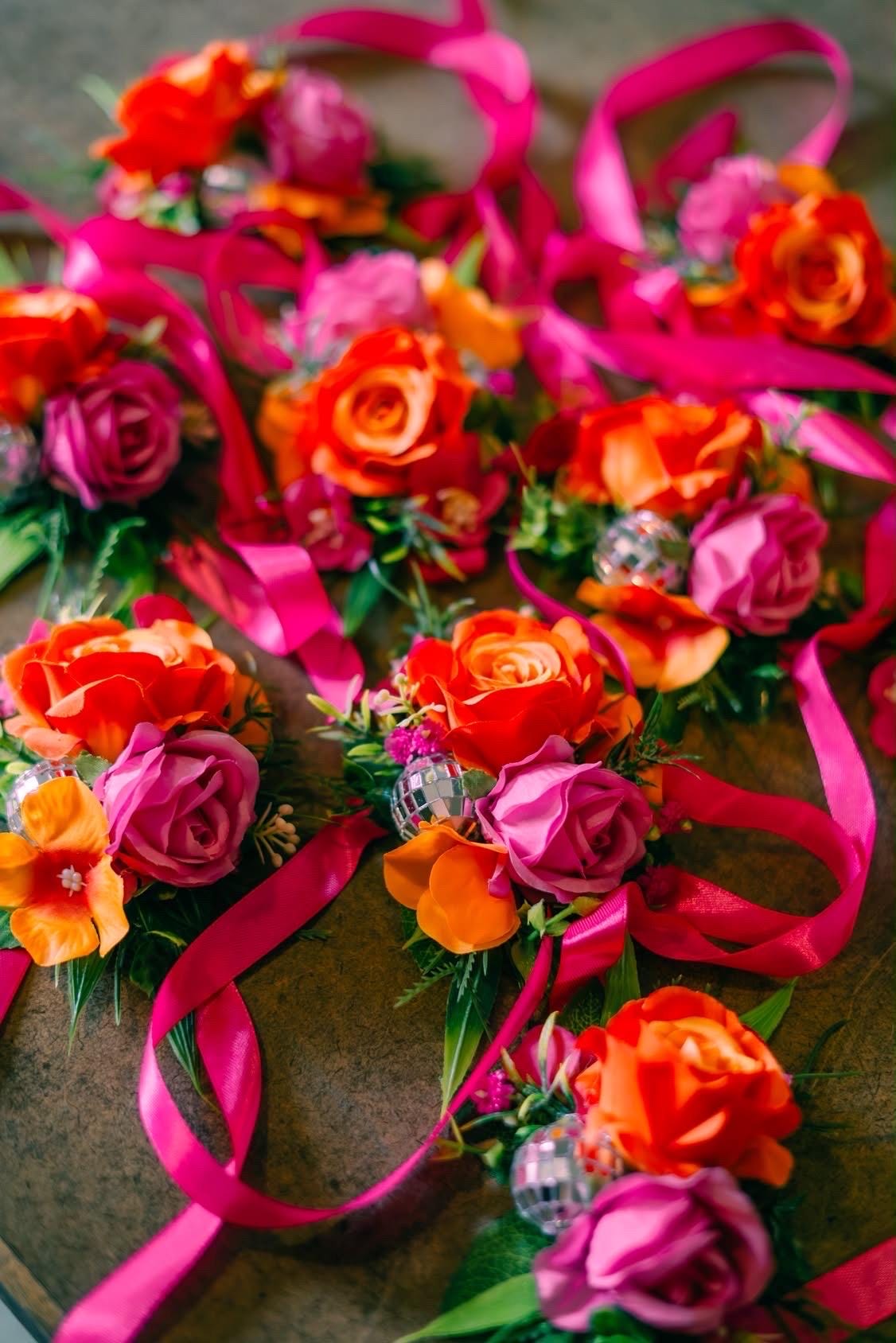 Hot Pink Orange Wrist Corsage with Disco Ball, Disco Wedding Corsage, Retro Bridesmaid Corsage, Prom Corsage, Colorful Party Wristlet Reddit