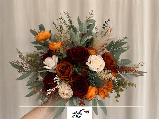Bridal Bouquet with Burgundy and Rust Orange Flowers, Burgundy and Terracotta Bridesmaid Bouquet, Terracotta Wedding Faux Bouquet