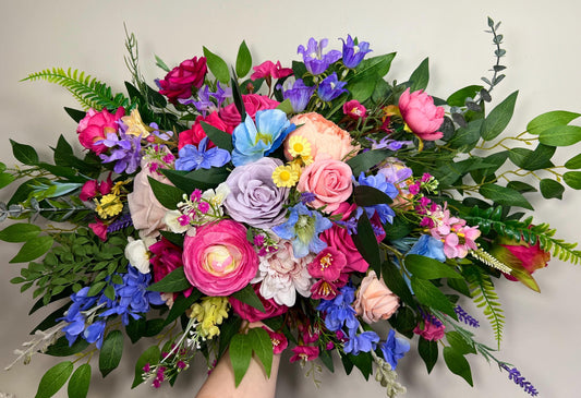 Colorful Wedding Centerpiece, Pink Blue Purple Floral Table Decor, Wild Flowers Sweetheart, Lavender Hot Pink Blue Table Centerpiece